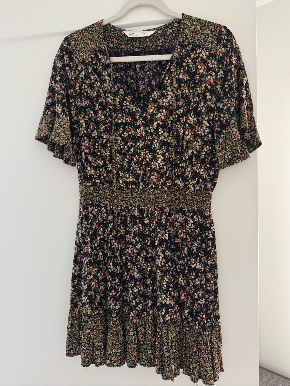 Zara Floral Smocked Waist Mini Dress - Black/Multicolor